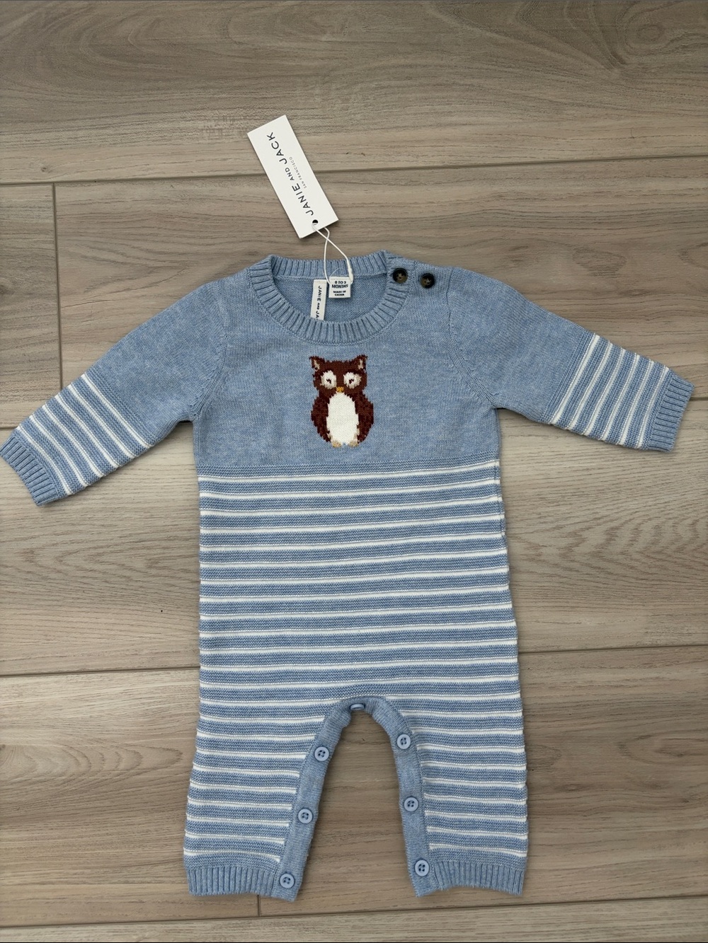 Janie and Jack Blue and White Striped Knit Owl Romper